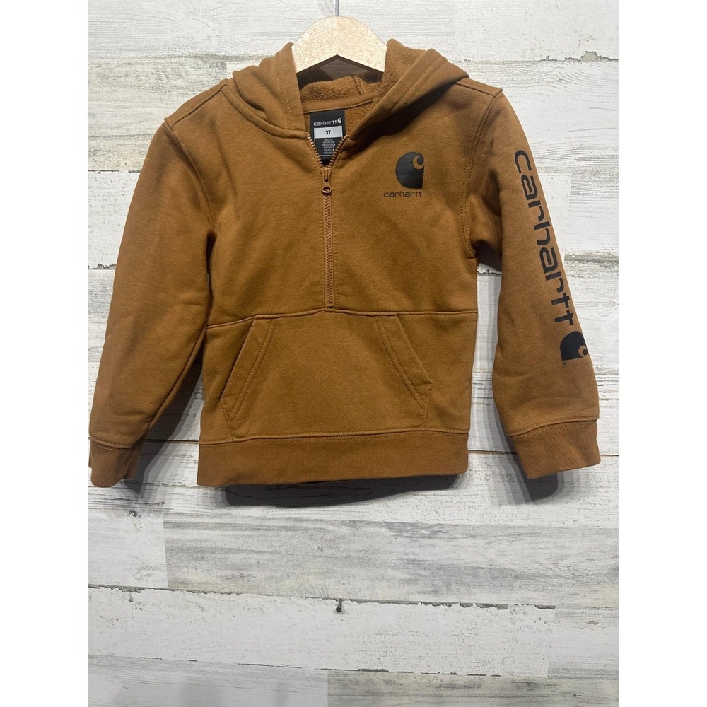 Carhartt Half Zip Hoodie Boys 3T Brown Logo Sleeve Pullover EUC